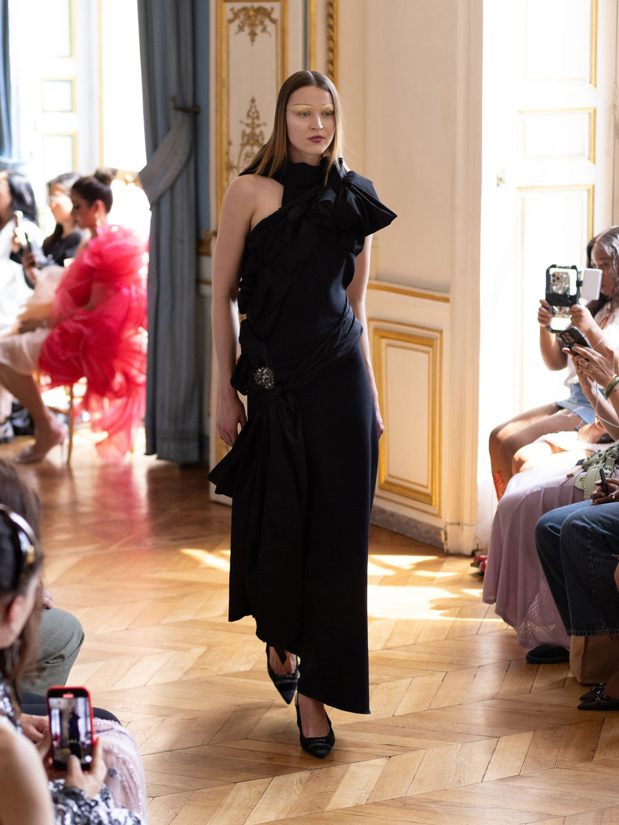 Couture : Crêpe Taffeta Draped Dress- Noir