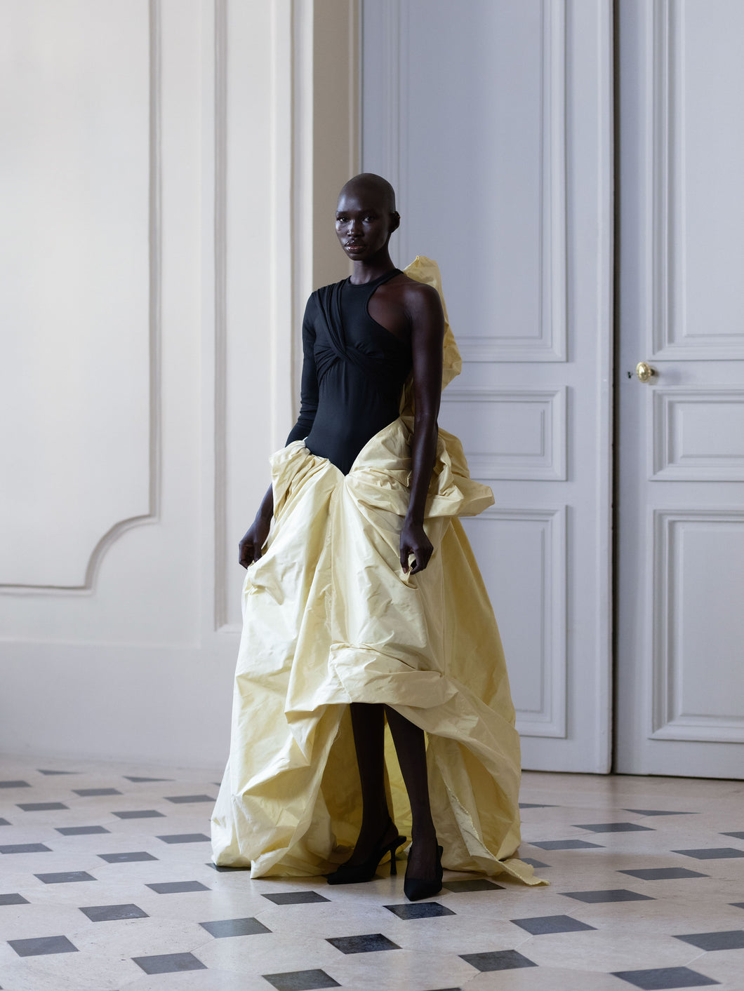 Couture : Sculptured Leona Drape Dress - Noir Citron