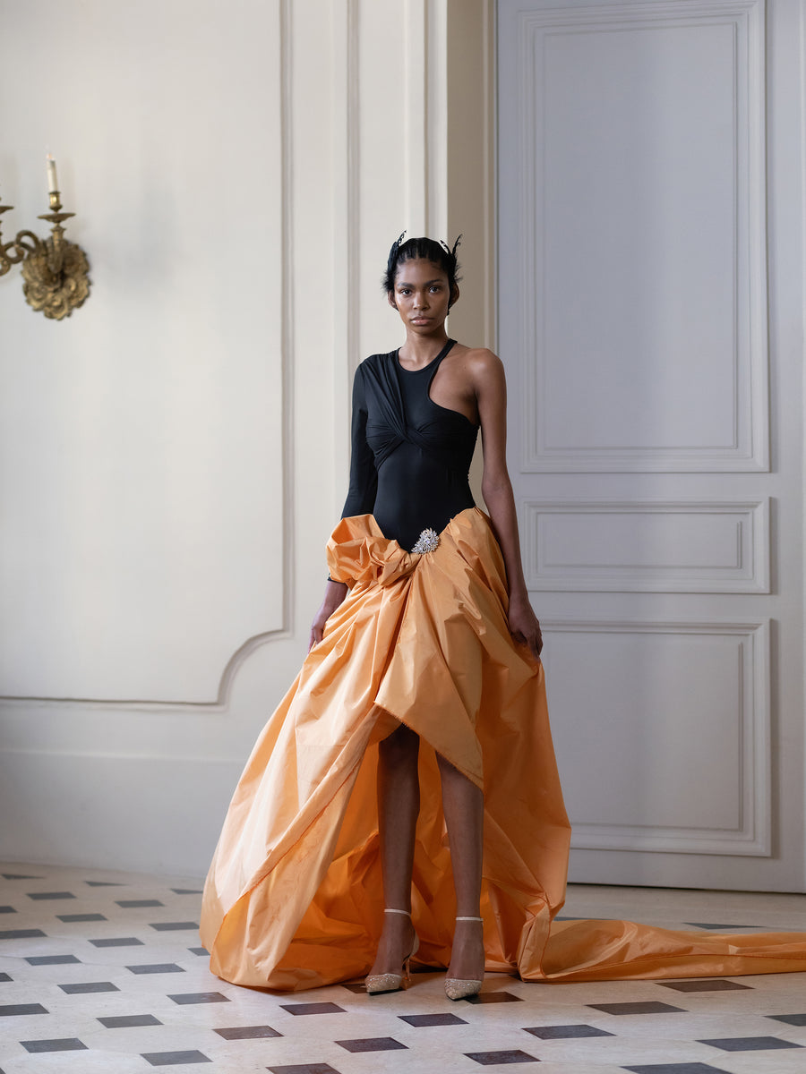 Couture : Sculptured Narola Drape Dress - Noir Cantaloupe