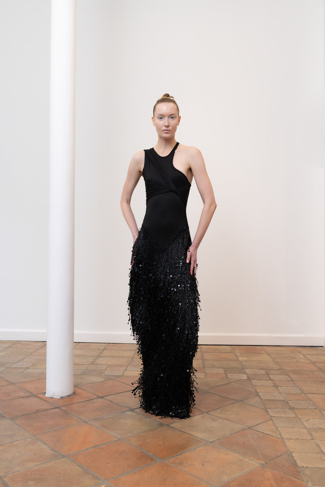Couture : Draped Embroidered Fringe Dress - Noir PEET DULLAERT Couture : Draped Embroidered Fringe Dress - Noir PEET DULLAERT