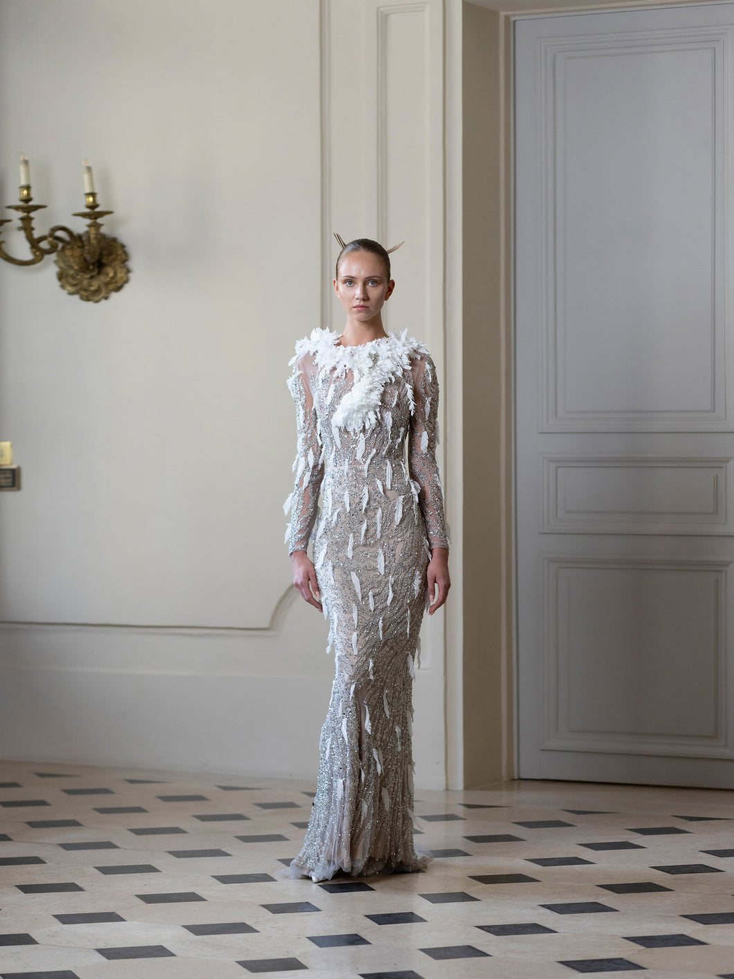Couture : Embroidered Alexandra Dress - Silver White