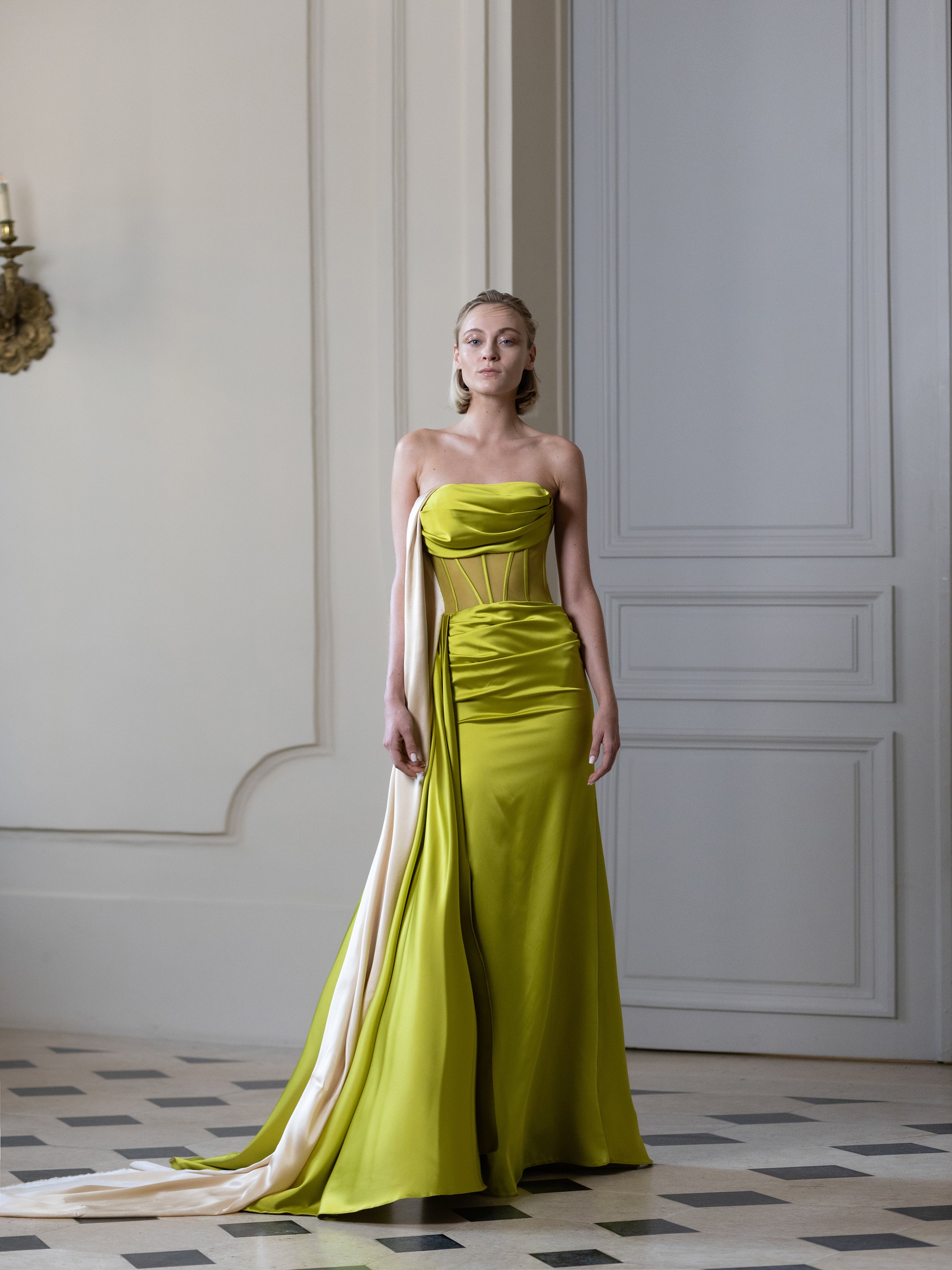 Couture : Sculptured Cascade Dress - Chartreuse Couture : Sculptured Cascade Dress - Chartreuse