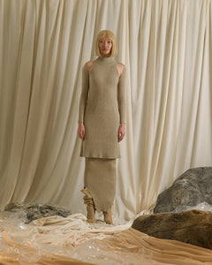 Rib-knit Dress (detachable sleeves) - Sand
