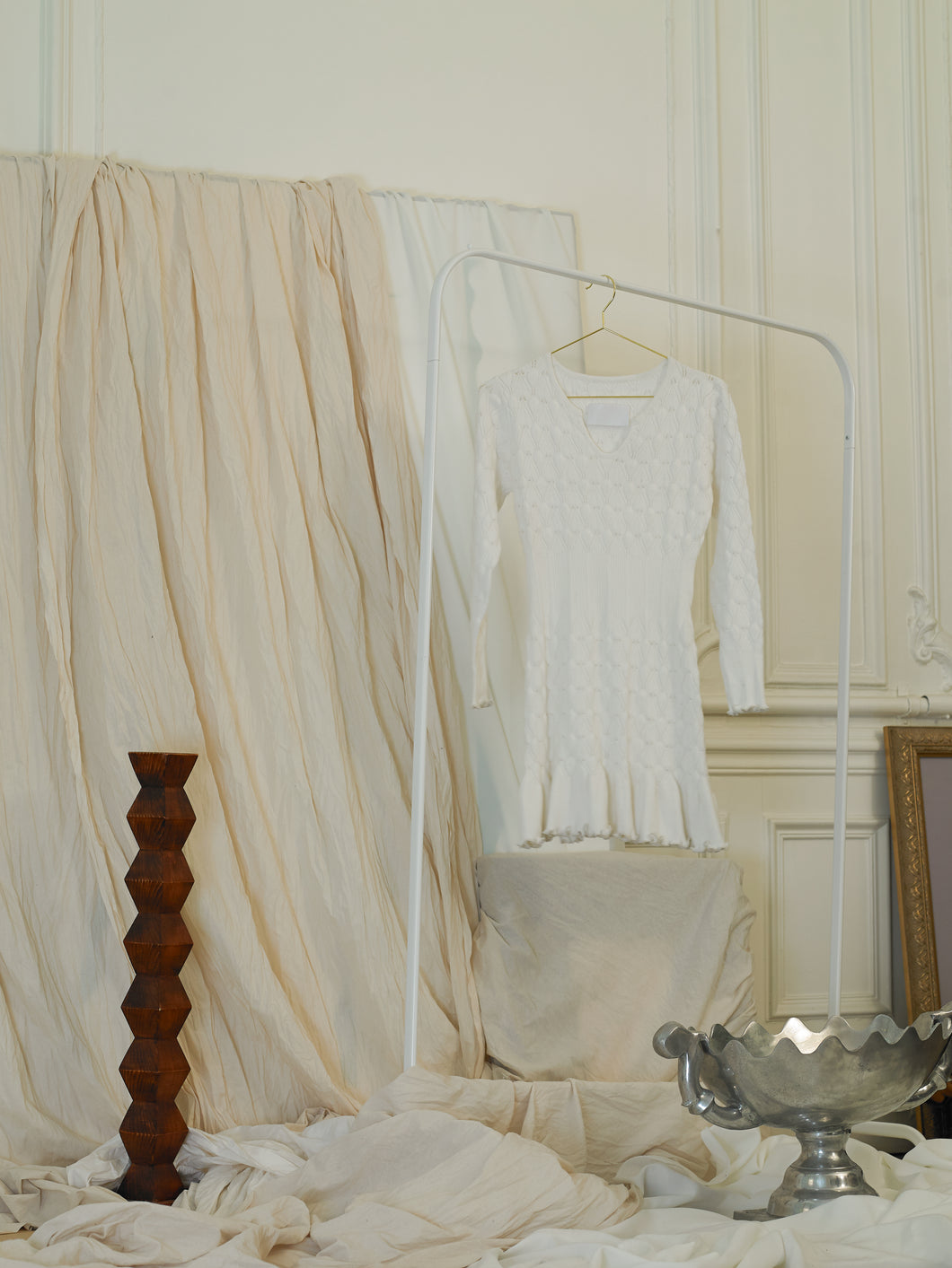 Knit-lace Mini Dress-top - White
