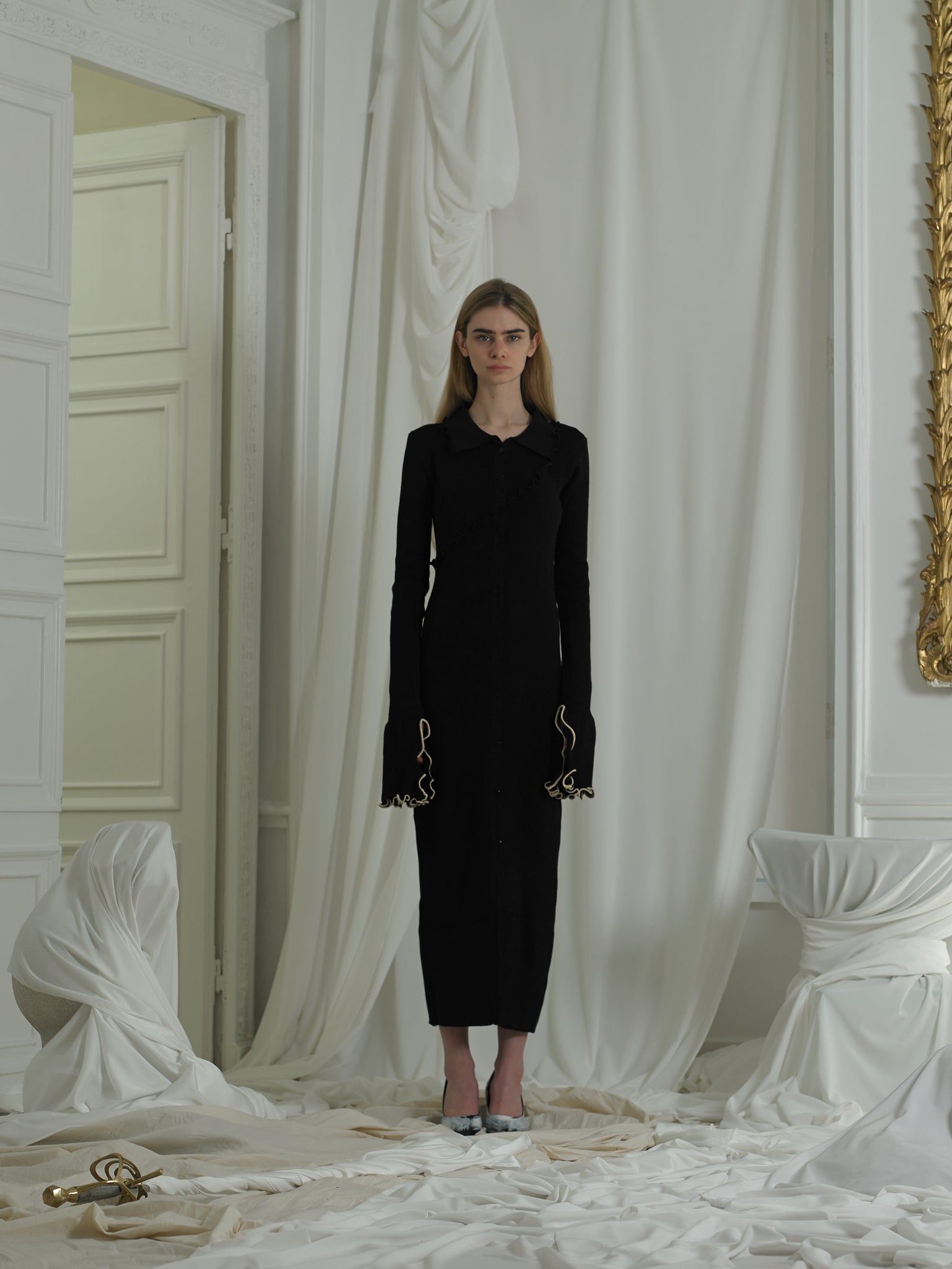Elongated Rib-knit Cardigan Dress - Black PEET DULLAERT Elongated Rib-knit Cardigan Dress - Black PEET DULLAERT
