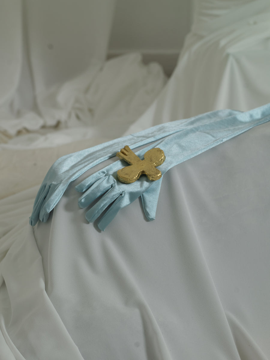 Elongated Satin Gloves and Brooch - Ocean