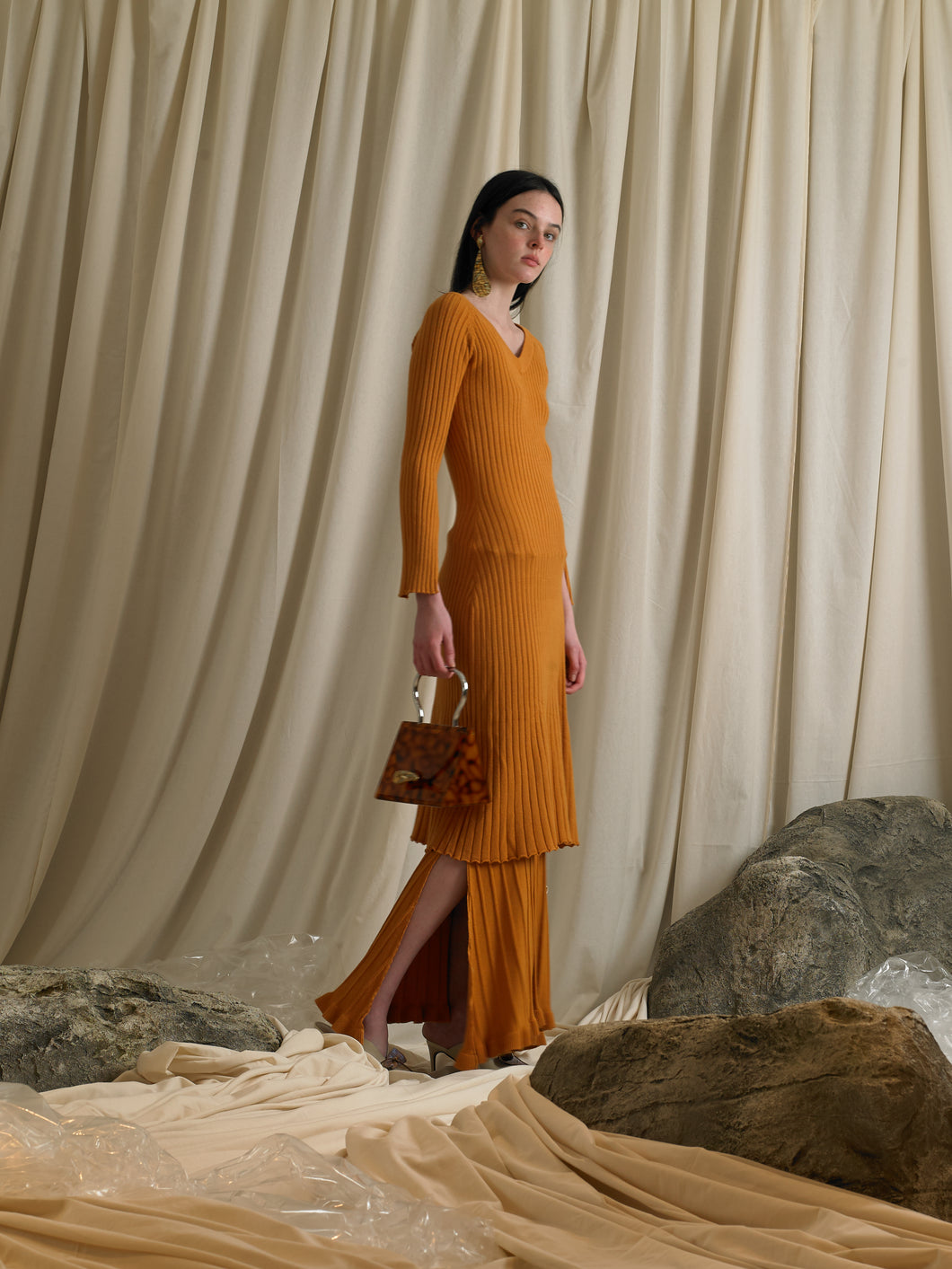 Rib-knit V-neck Dress - Orange